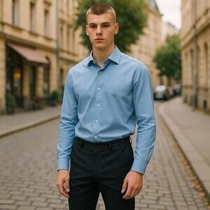 Bugatchi Uomo Men’s Blue Long Sleeve Button Down Shirt Flip Cuffs  16 1/2  32/33